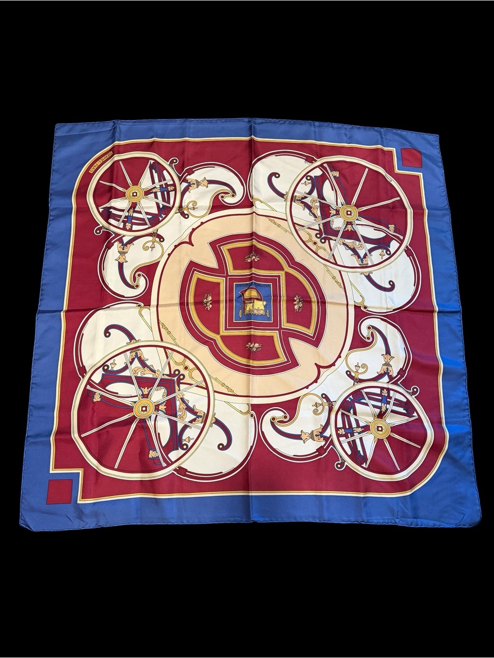 Hermes Silk Scarf in Burgundy, Blue, Cream and Gold Wheel Motif